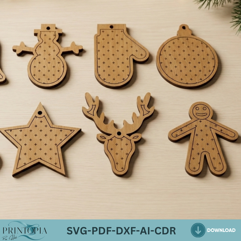 Christmas Ornament Set Holiday Tree Decor Wood Reindeer Snowman Gingerbread Svg 033
