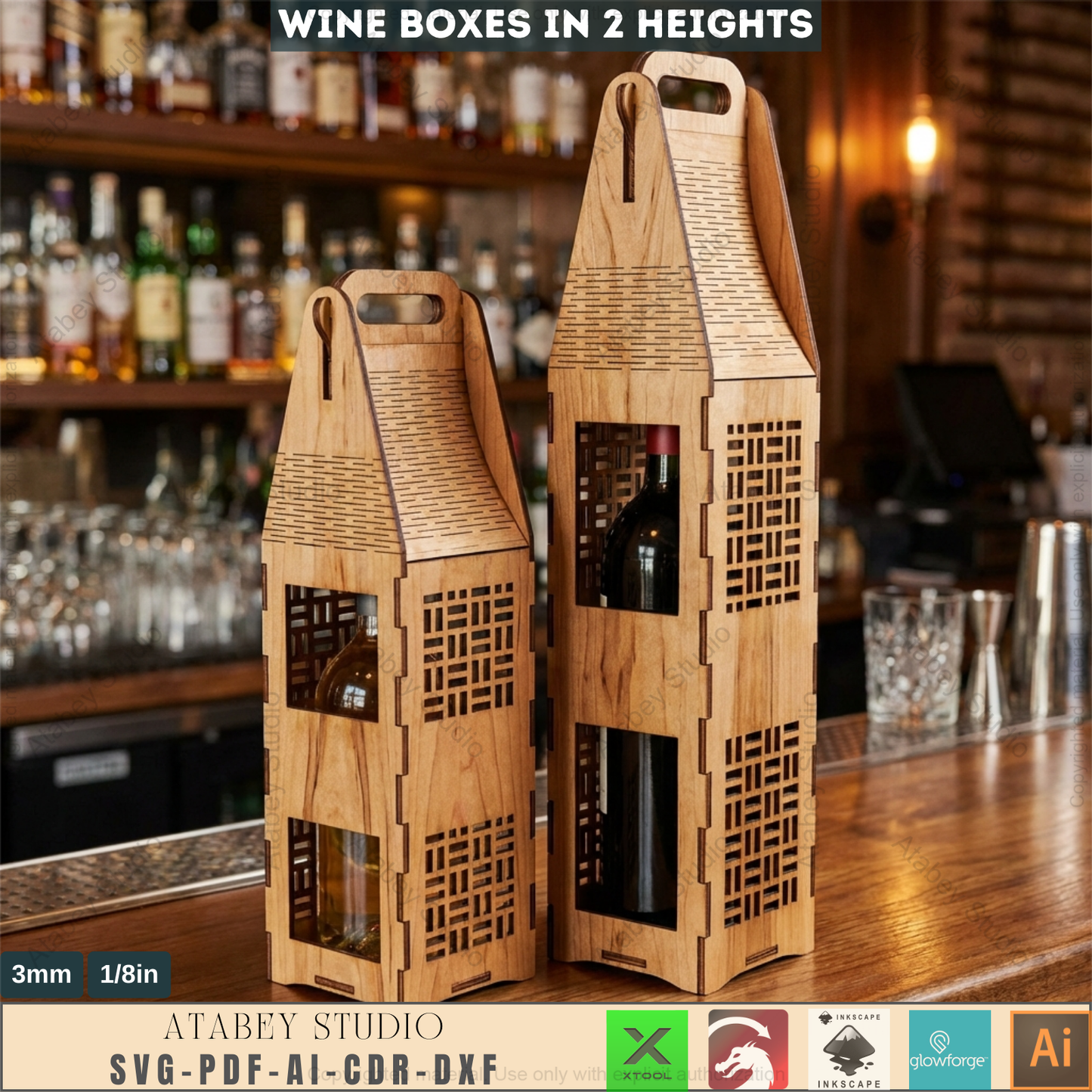 Laser Cut Wine Bottle Gift Box Bundle Wooden Wine Carrier with Handle DIY Elegant Wine Holder 986