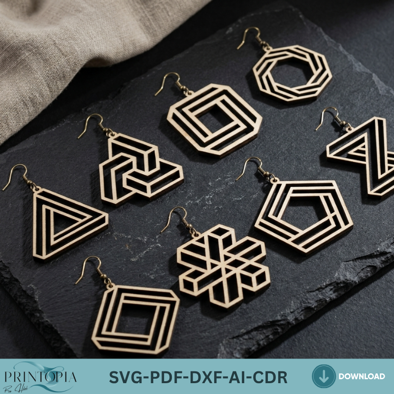 Geometric Wooden Earring Laser Cut Files Impossible Shapes Optical Illusion Jewelry Templates