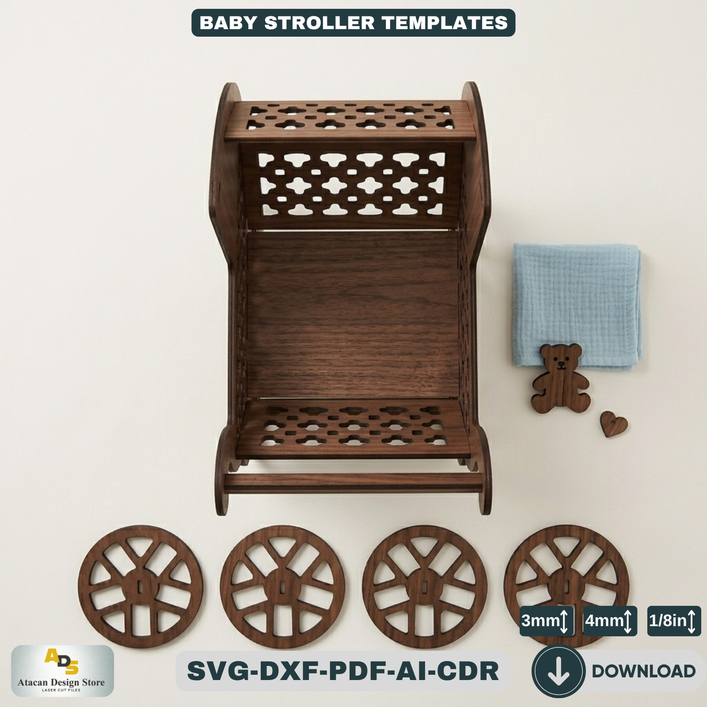 Baby Stroller Laser Cut Design Ornate Wooden Pram Cutting Plans Miniature Buggy Woodworking 124