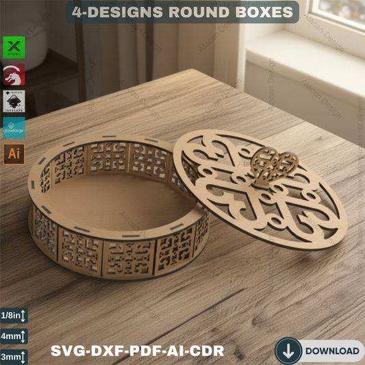 Elegant Wooden Decorative Round Boxes - Laser Cut Design for Home Decor  531