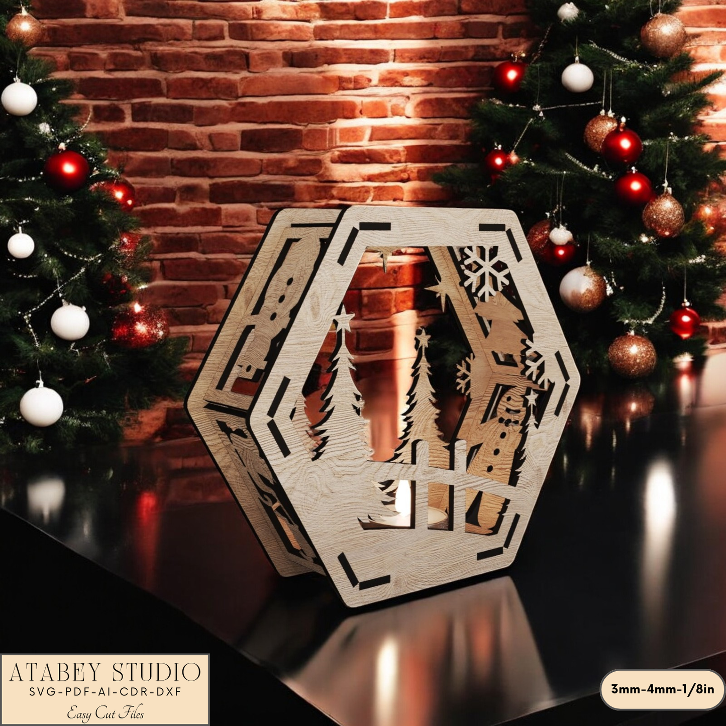 Hexagon Christmas Lantern Laser Cut Design - Snowy Scene Candle Holder for Night Light Decor 910