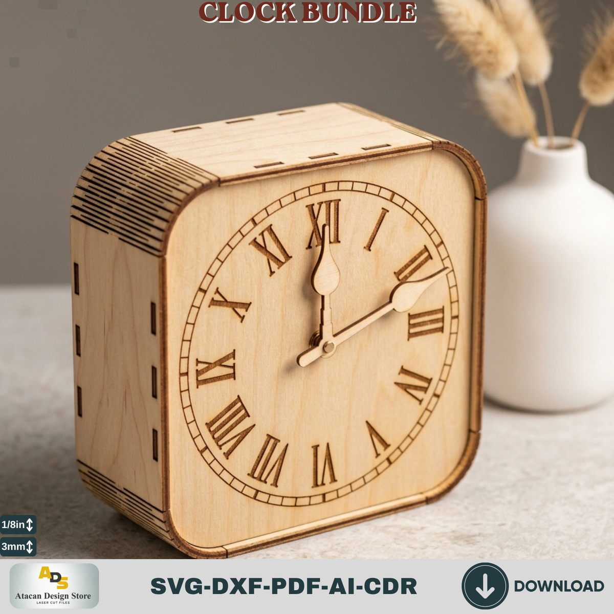 Wooden Living Room Desk Clock Bundle Laser Cut Template, Plywood Tabletop Clock DIY Pattern Cut