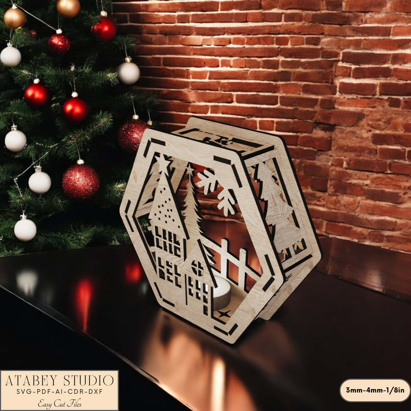 Hexagon Christmas Lantern Laser Cut Design - Snowy Scene Candle Holder for Night Light Decor 910