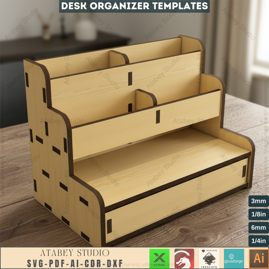 Laser Cut Desk Organizer with Drawer, Tiered Display Stand for Craft Fairs, Office Pen Holder for Glowforge & Xtool 778