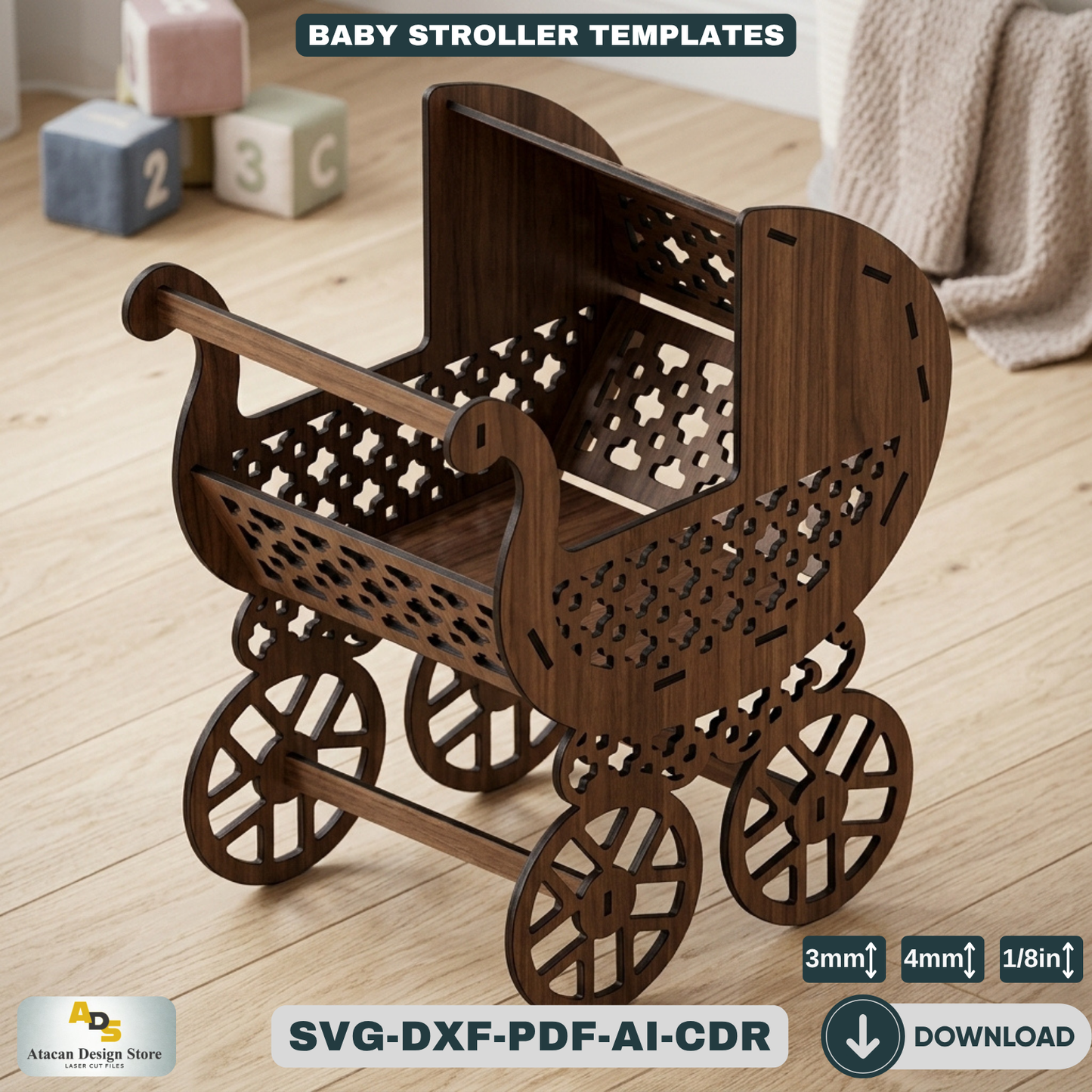 Baby Stroller Laser Cut Design Ornate Wooden Pram Cutting Plans Miniature Buggy Woodworking 124