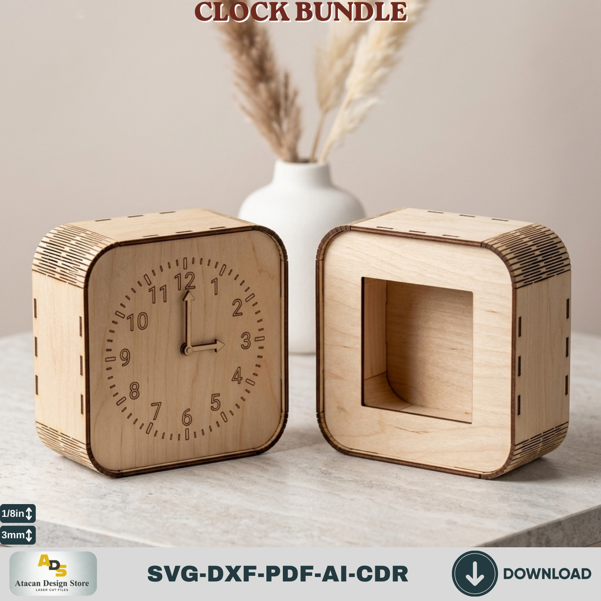 Wooden Living Room Desk Clock Bundle Laser Cut Template, Plywood Tabletop Clock DIY Pattern Cut