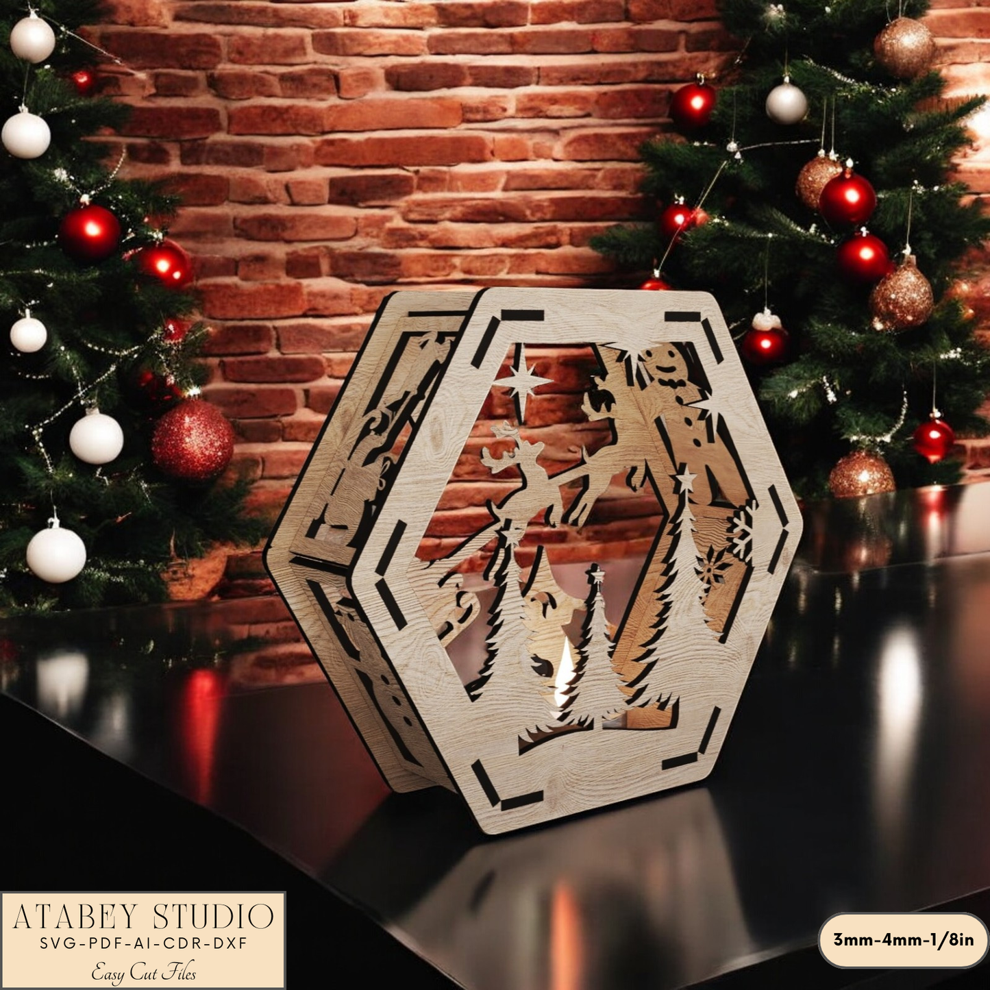 Hexagon Christmas Lantern Laser Cut Design - Snowy Scene Candle Holder for Night Light Decor 910