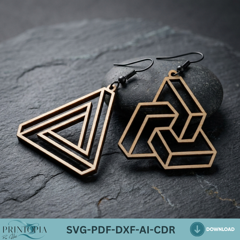 Geometric Wooden Earring Laser Cut Files Impossible Shapes Optical Illusion Jewelry Templates