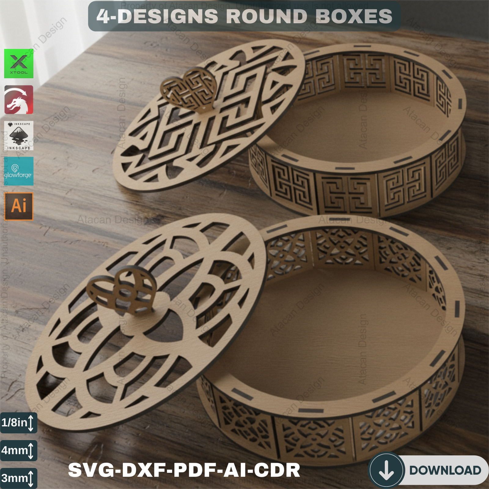 Elegant Wooden Decorative Round Boxes - Laser Cut Design for Home Deco ...