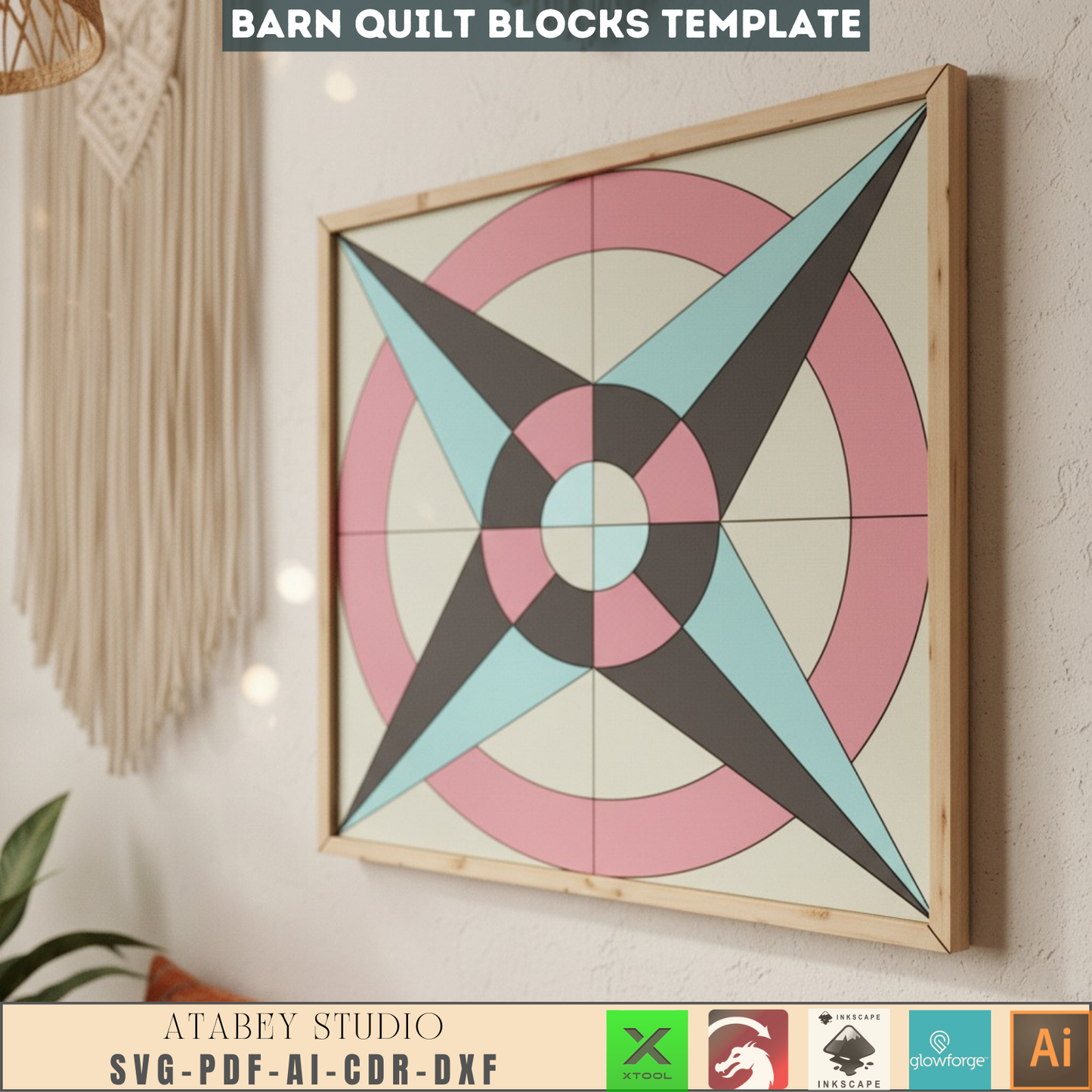 Geometric Barn Quilt SVG DXF - Laser Cut File for Glowforge XTool - Farmhouse Wall Decor Pattern - Digital Craft Download
