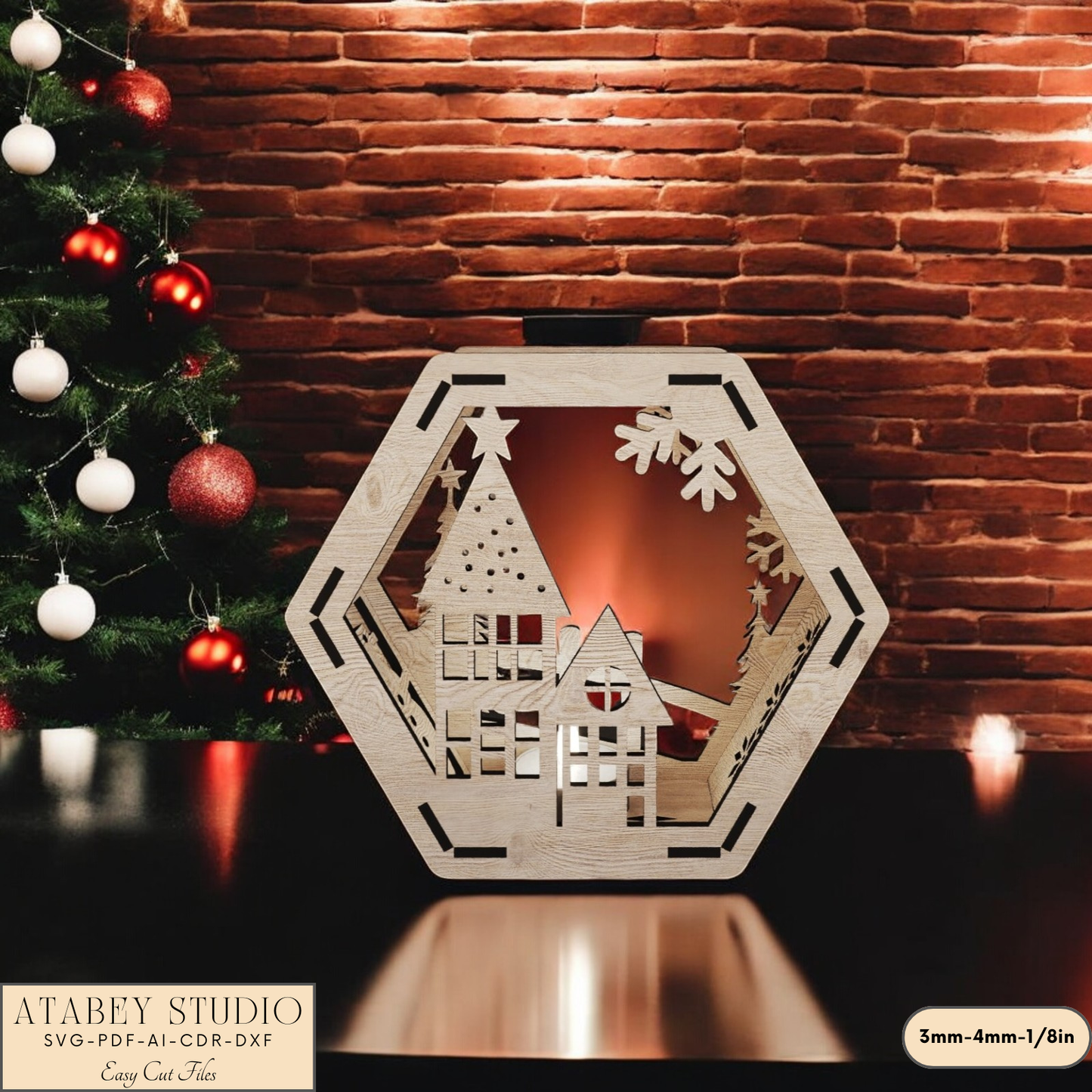 Hexagon Christmas Lantern Laser Cut Design - Snowy Scene Candle Holder for Night Light Decor 910