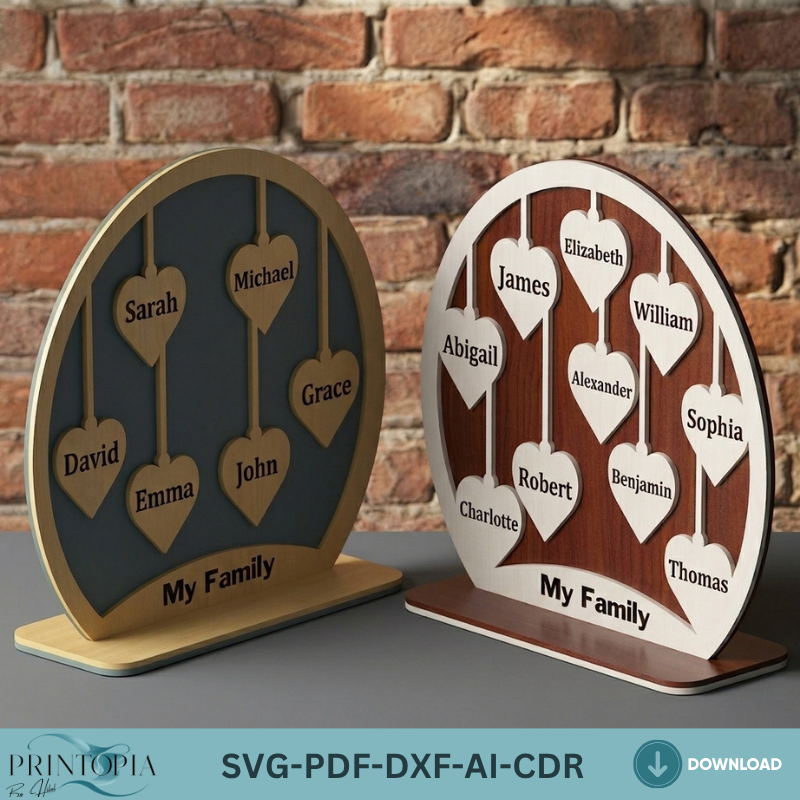 Personalized Family Name Heart Display Stand Custom Tree Sign Decor, Tabletop Name Plaque