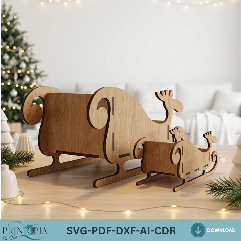 Christmas Sleigh Wooden Santa Sled Toy Reindeer Sleighs Christmas Table Decor Wood Centerpiece