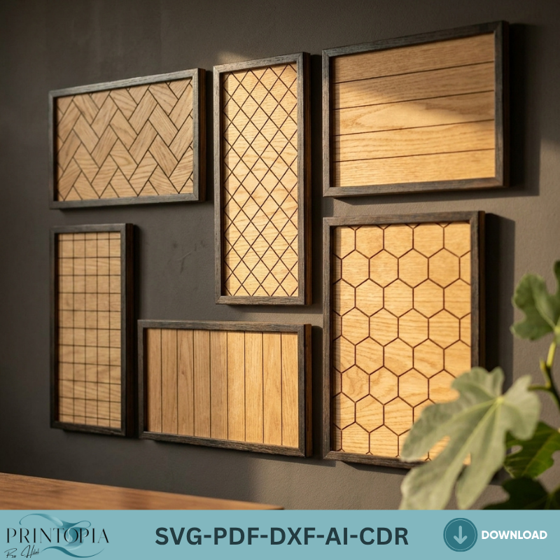 Geometric Pattern Wooden Laser Cut Wall Art Set Modern Home Decor Frame Templates
