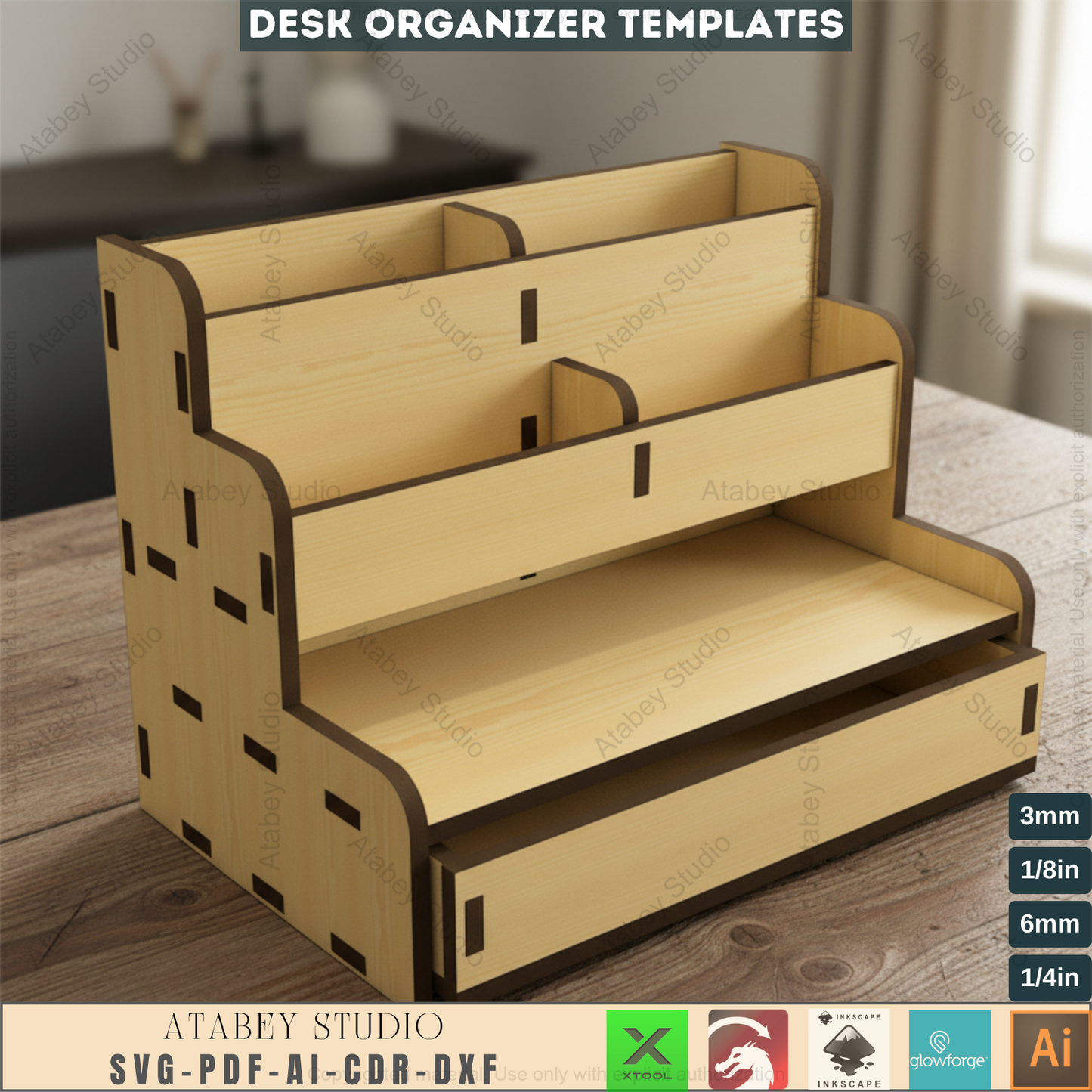 Laser Cut Desk Organizer with Drawer, Tiered Display Stand for Craft Fairs, Office Pen Holder for Glowforge & Xtool 778