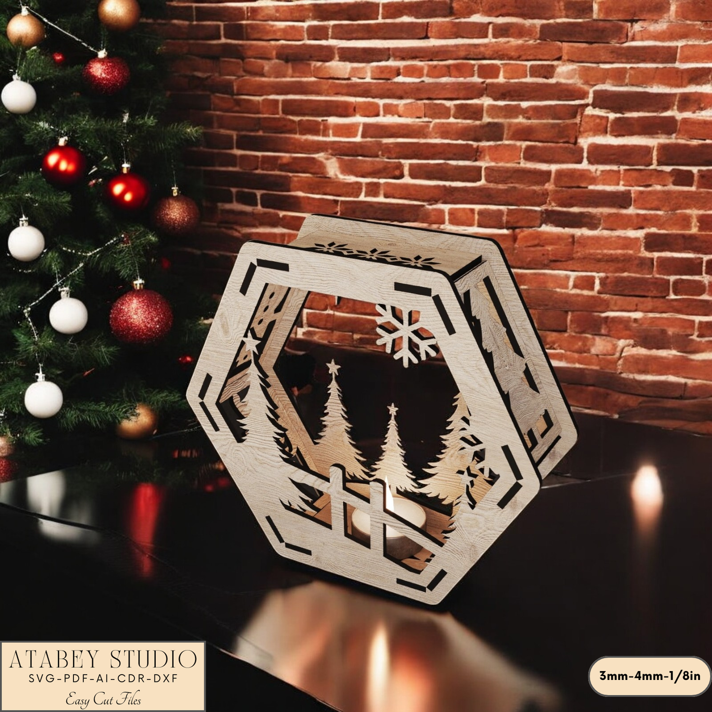 Hexagon Christmas Lantern Laser Cut Design - Snowy Scene Candle Holder for Night Light Decor 910