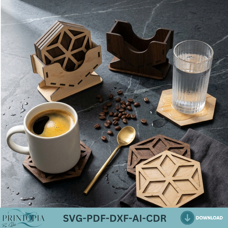 Hexagon Coaster and Box Design - Stylish Laser Cut Project for Home Decor 190
