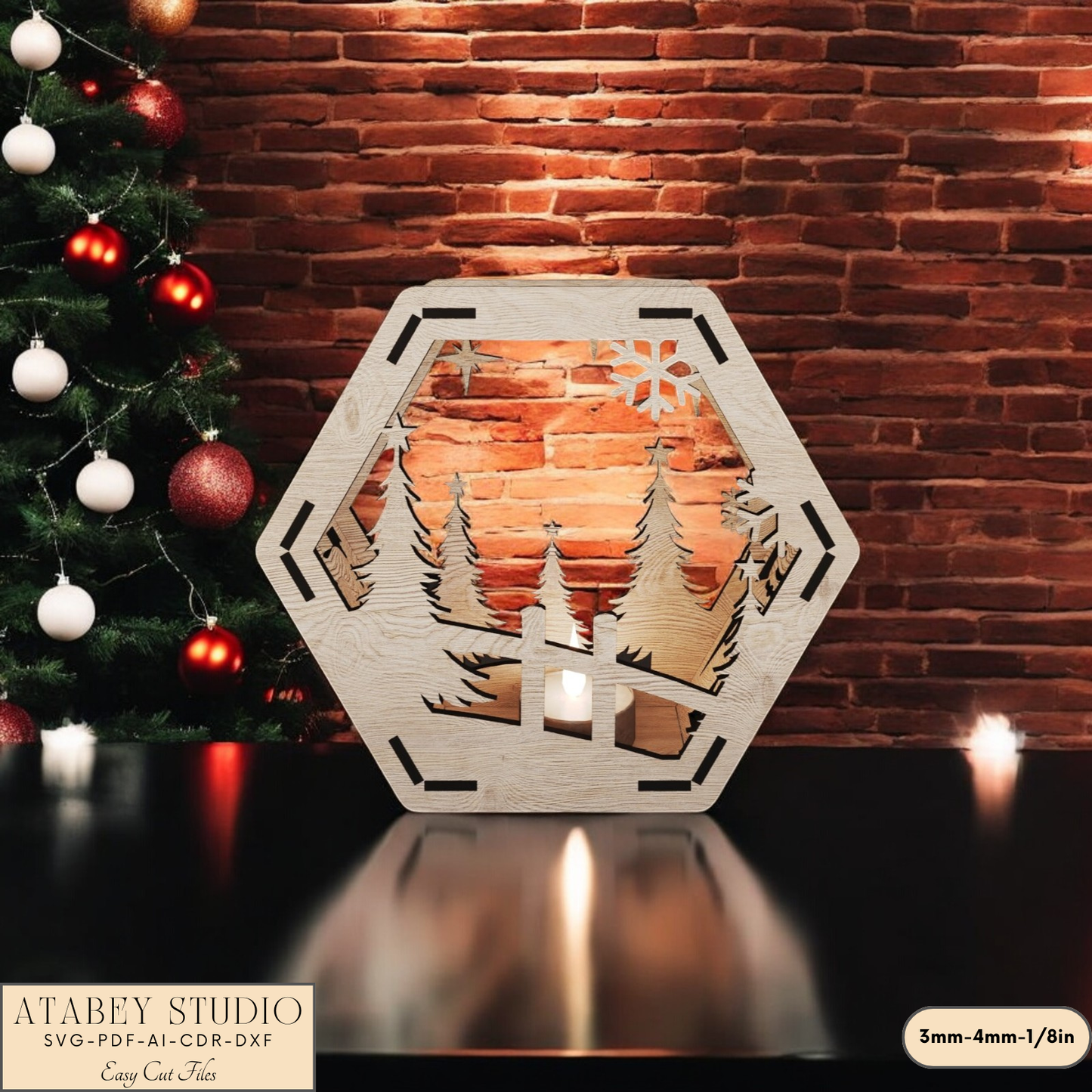 Hexagon Christmas Lantern Laser Cut Design - Snowy Scene Candle Holder for Night Light Decor 910