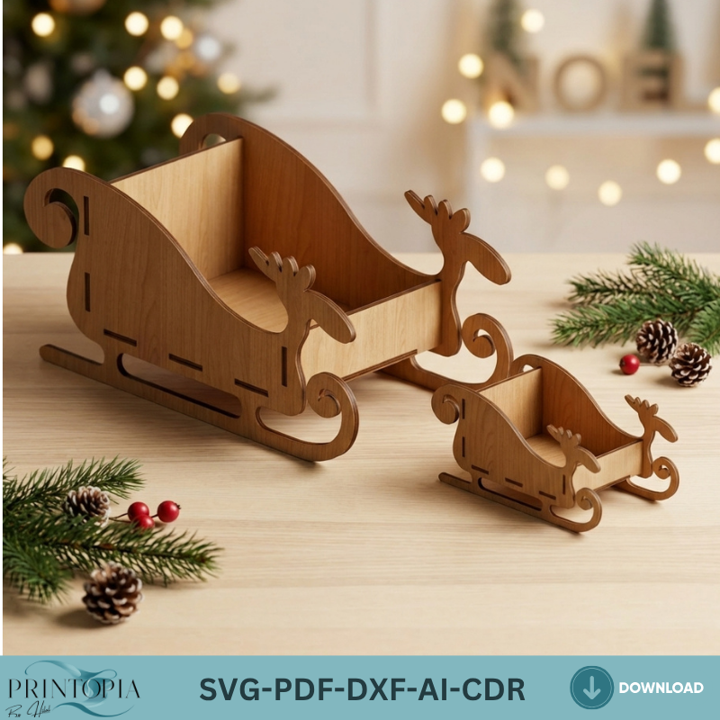 Christmas Sleigh Wooden Santa Sled Toy Reindeer Sleighs Christmas Table Decor Wood Centerpiece