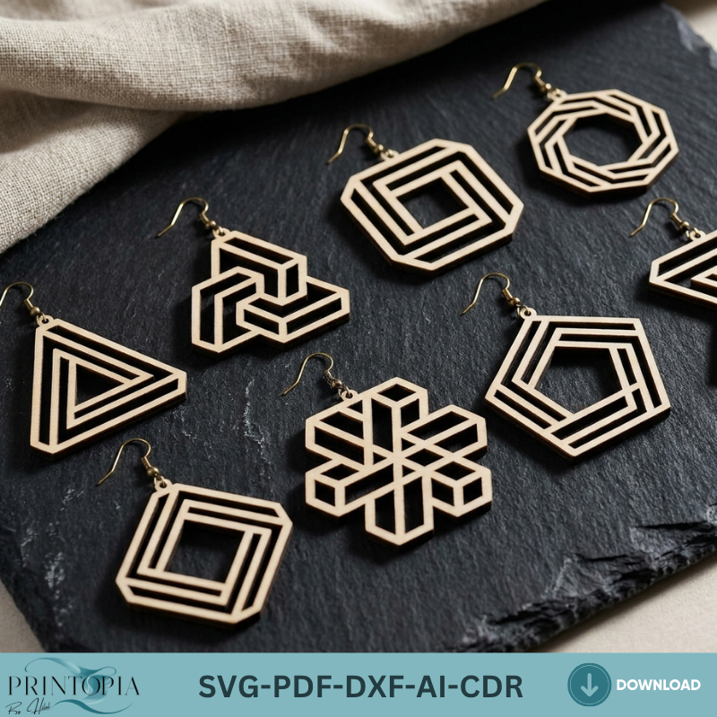 Geometric Wooden Earring Laser Cut Files Impossible Shapes Optical Illusion Jewelry Templates