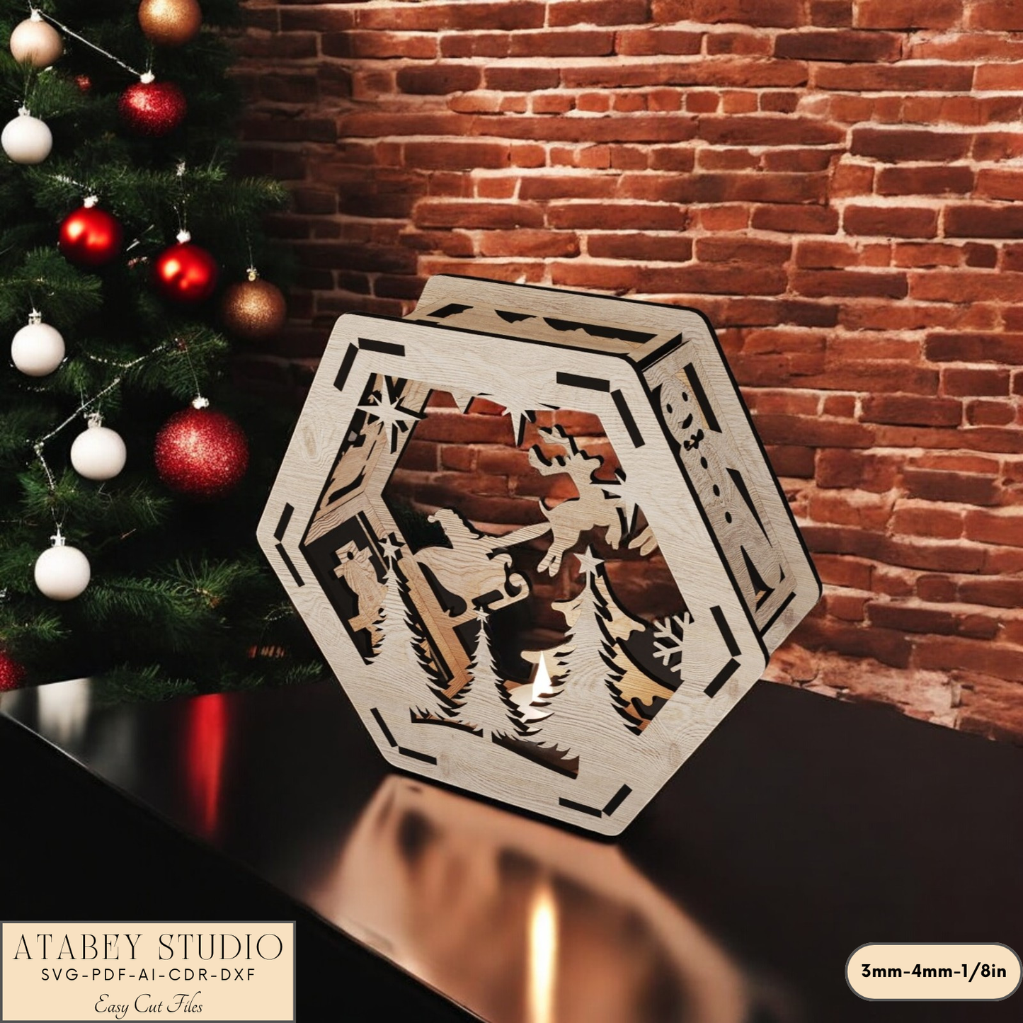 Hexagon Christmas Lantern Laser Cut Design - Snowy Scene Candle Holder for Night Light Decor 910