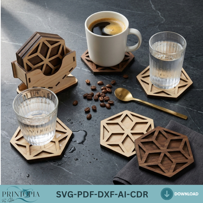 Hexagon Coaster and Box Design - Stylish Laser Cut Project for Home Decor 190