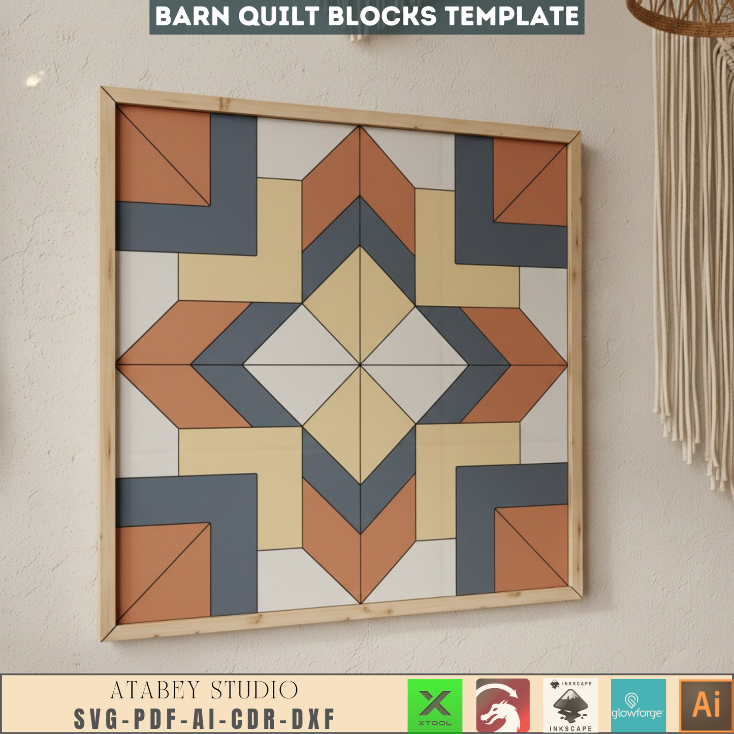 Barn Quilt SVG DXF Files | Laser Cut Farmhouse Wall Art Template | Digital Quilt Block Pattern