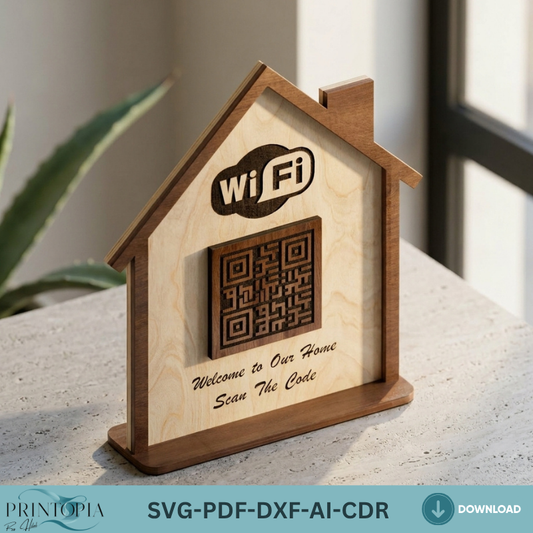 WiFi QR Code Sign Laser Cut Template House Shape Wooden Guest WiFi Password Sign