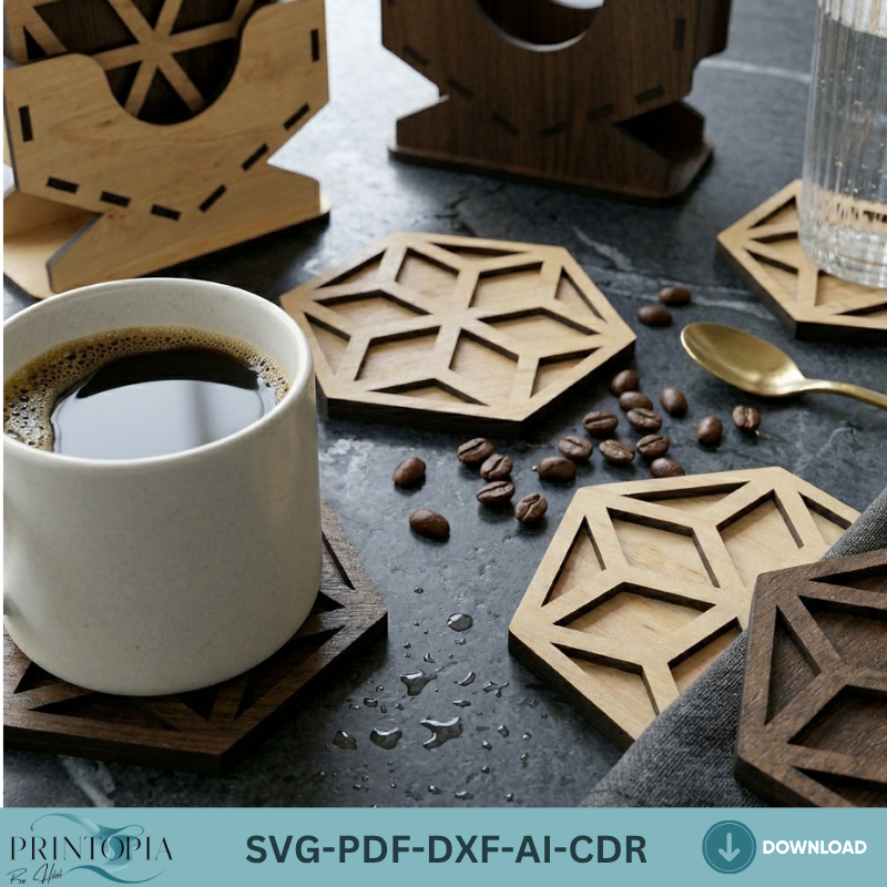 Hexagon Coaster and Box Design - Stylish Laser Cut Project for Home Decor 190