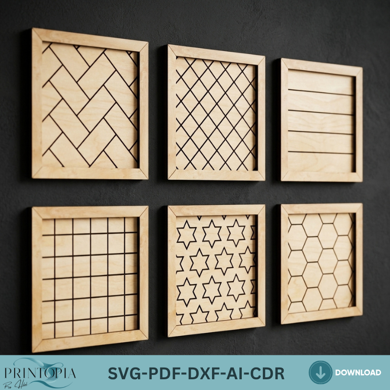 Geometric Wood Wall Art SVG Bundle Pattern Frames Herringbone Honeycomb Grid Wall Decor Templates