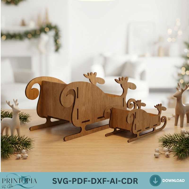 Christmas Sleigh Wooden Santa Sled Toy Reindeer Sleighs Christmas Table Decor Wood Centerpiece
