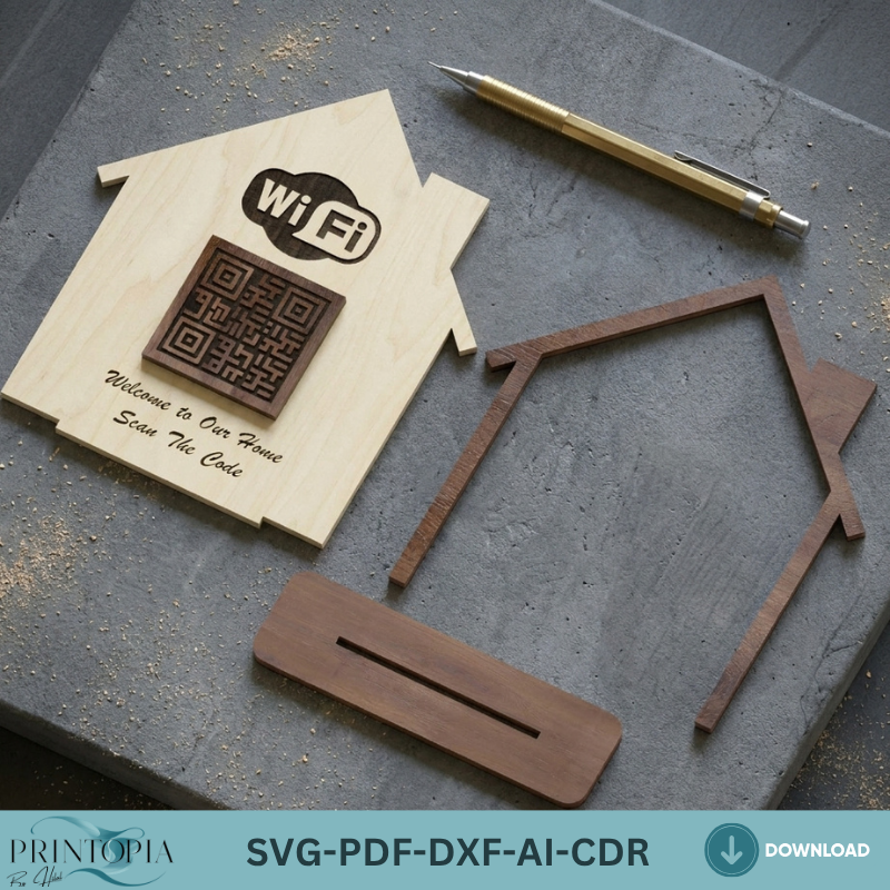 WiFi QR Code Sign Laser Cut Template House Shape Wooden Guest WiFi Password Sign