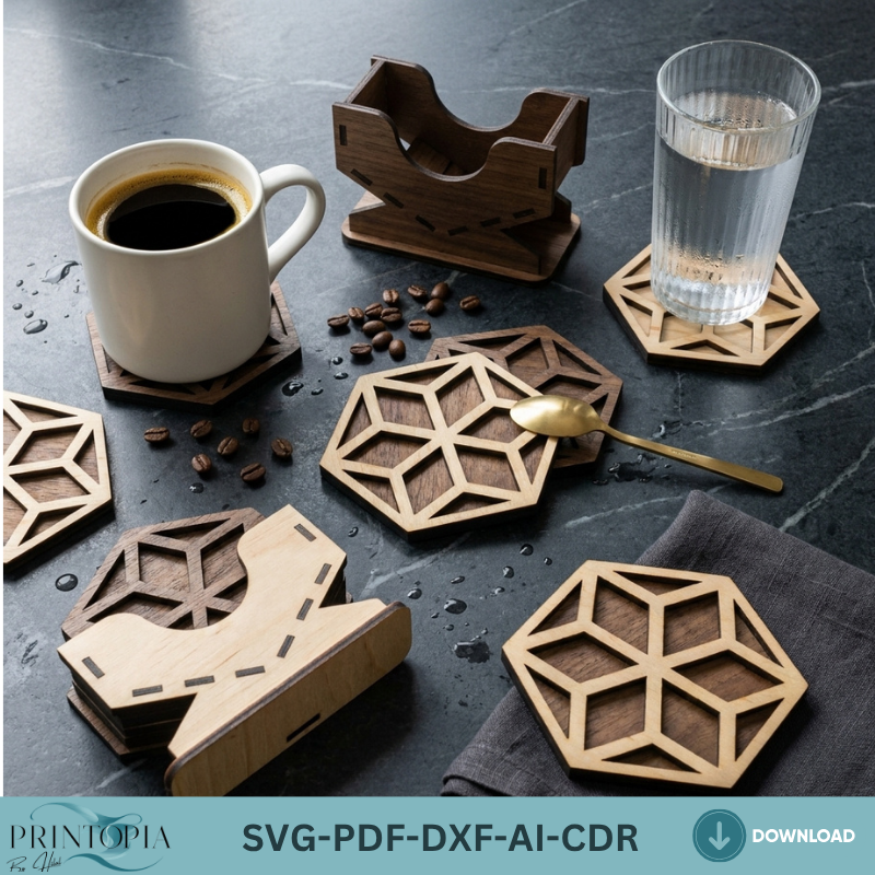 Hexagon Coaster and Box Design - Stylish Laser Cut Project for Home Decor 190