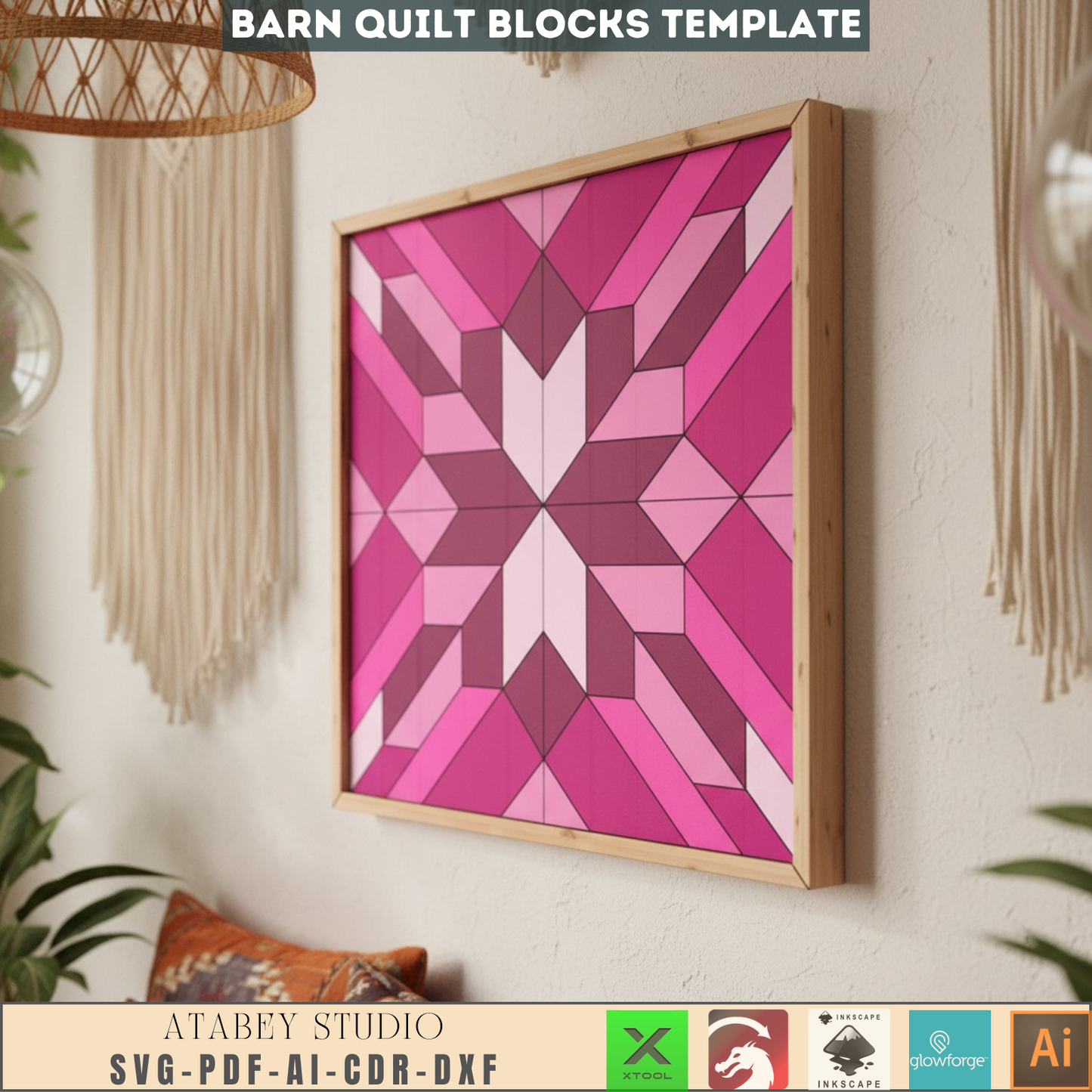 Barn Quilt SVG DXF Files | Laser Cut Farmhouse Wall Art Template | Digital Quilt Block Pattern