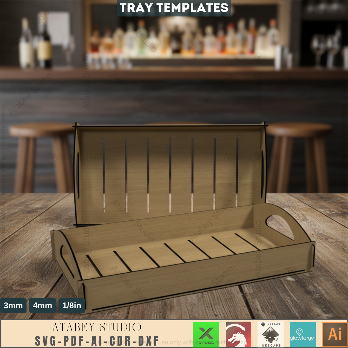 Kitchen Wood Trays / Flat Breakfast Tray With Handles / Serving Trays Laser Cut Files SVG, DXF, CDR Download 547