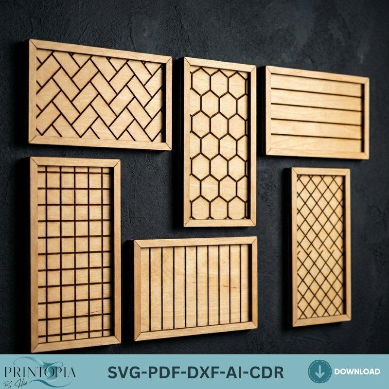 Geometric Wood Wall Art SVG Bundle Pattern Frames Herringbone Honeycomb Grid Wall Decor Templates