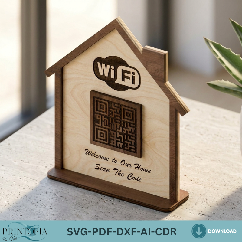 WiFi QR Code Sign Laser Cut Template House Shape Wooden Guest WiFi Password Sign