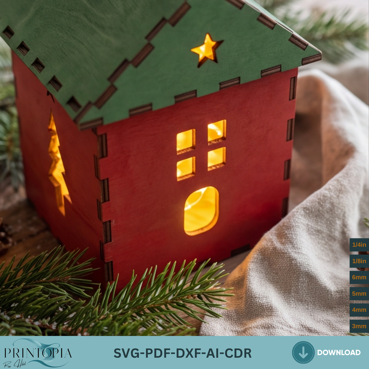 Christmas House Tealight Holder Laser Cut Template, Wooden Holiday Lanternn373