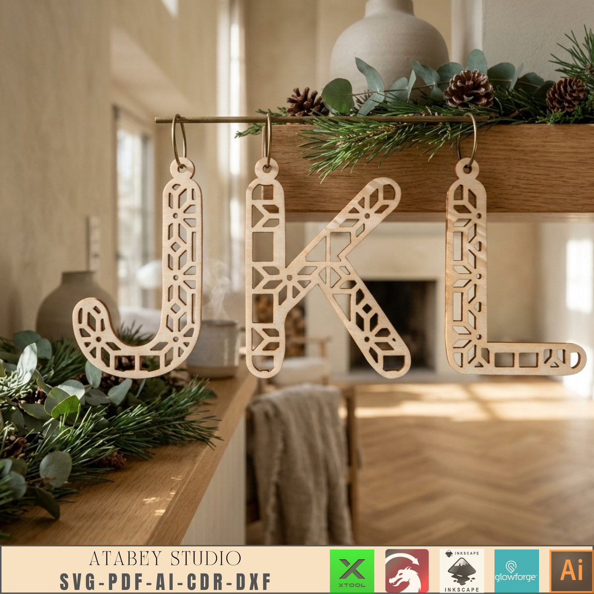 Wooden Alphabet Christmas Ornament Laser Cut File A-Z Letter Decor Laser Cut Templates 1036