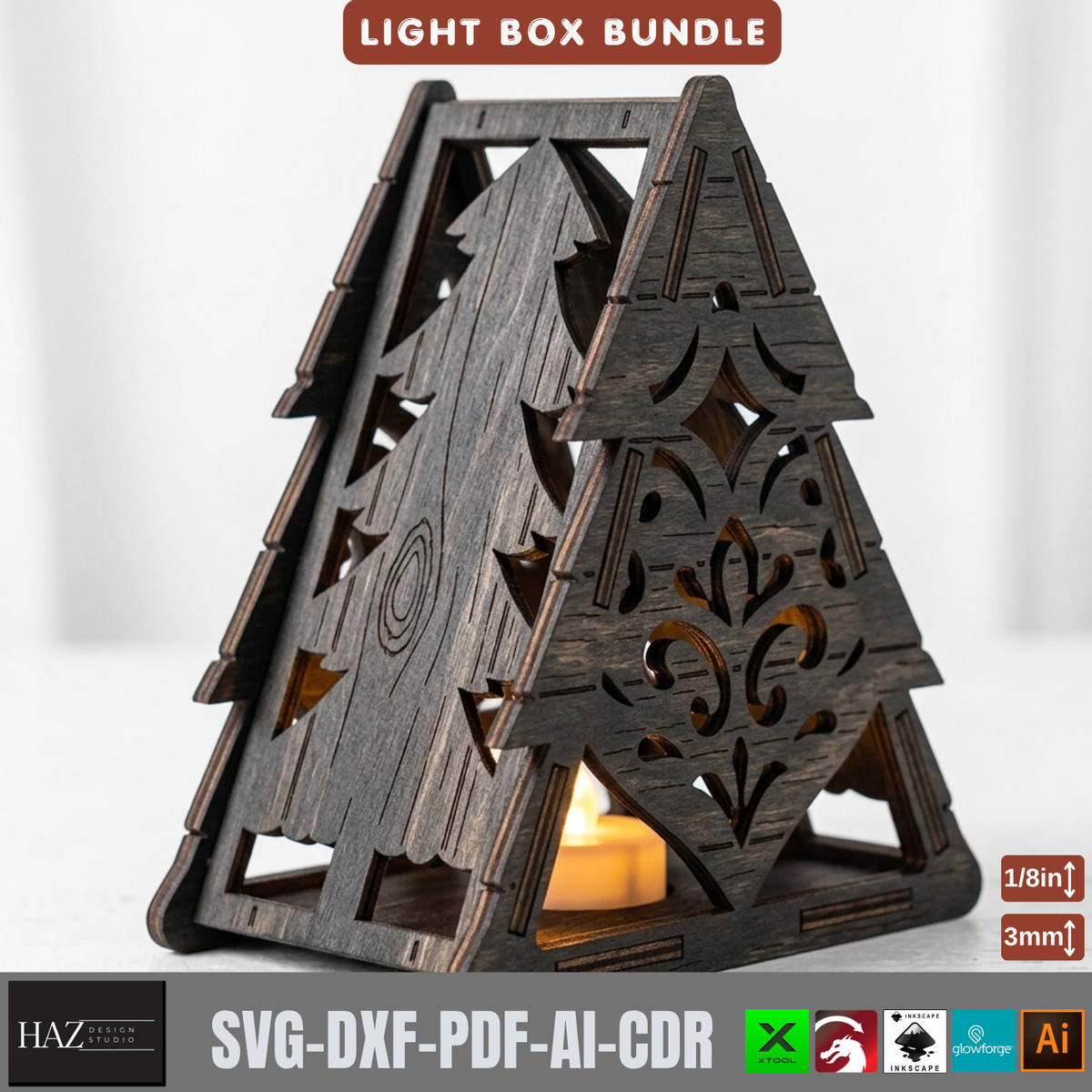 Wooden Christmas Light Box SVG Bundle, 9 Tealight Candle Holder Templates, Laser Cut Xmas Decor 580