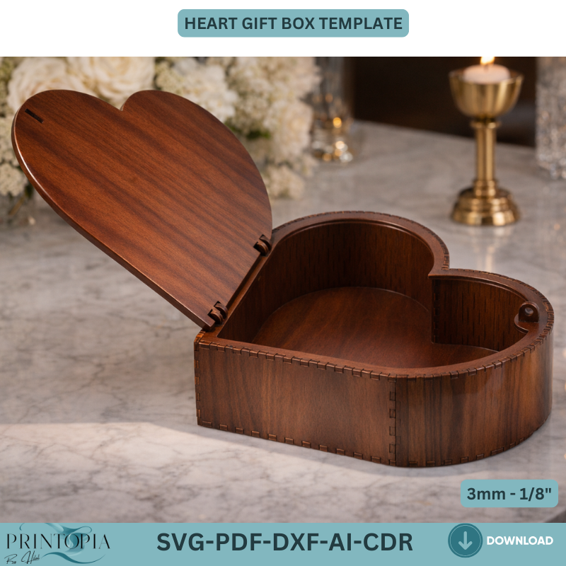 Heart Gift Box Laser Cut Template for Valentine's Day Jewelry Box DIY Woodworking Plan 325