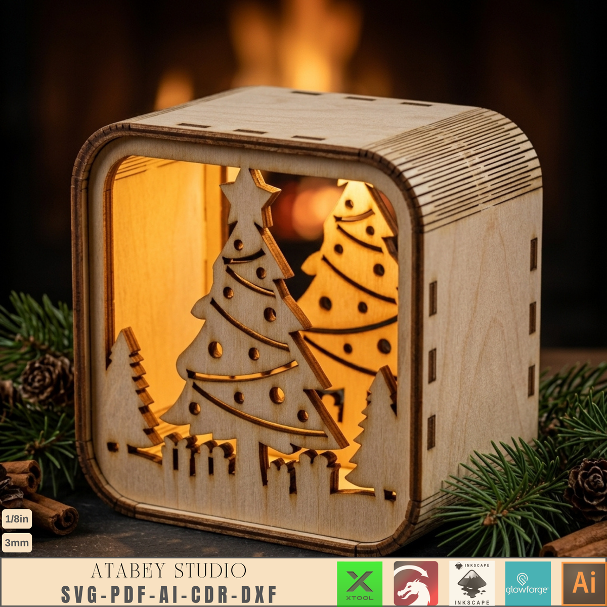 Wooden Christmas Shadow Box Lantern, Reindeer Santa Sleigh Candle Box Plans, Xmas Mantel Laser File