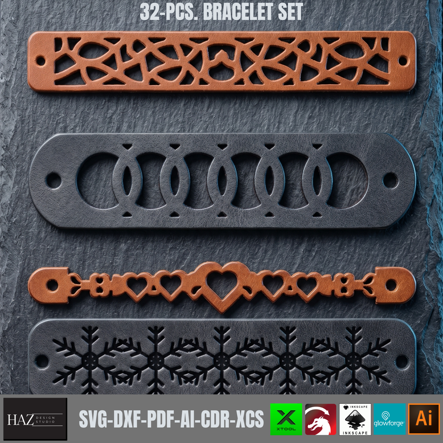 32 Pcs Leather Cuff Bracelet SVG Bundle, Laser Cut Templates , Geometric Pattern Wristband