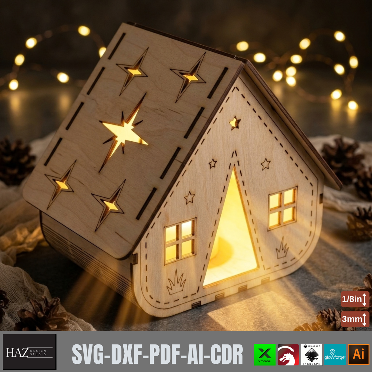 Wooden House Night Light Laser Cut Template, Tealight Candle Holder Plywood Decor 988