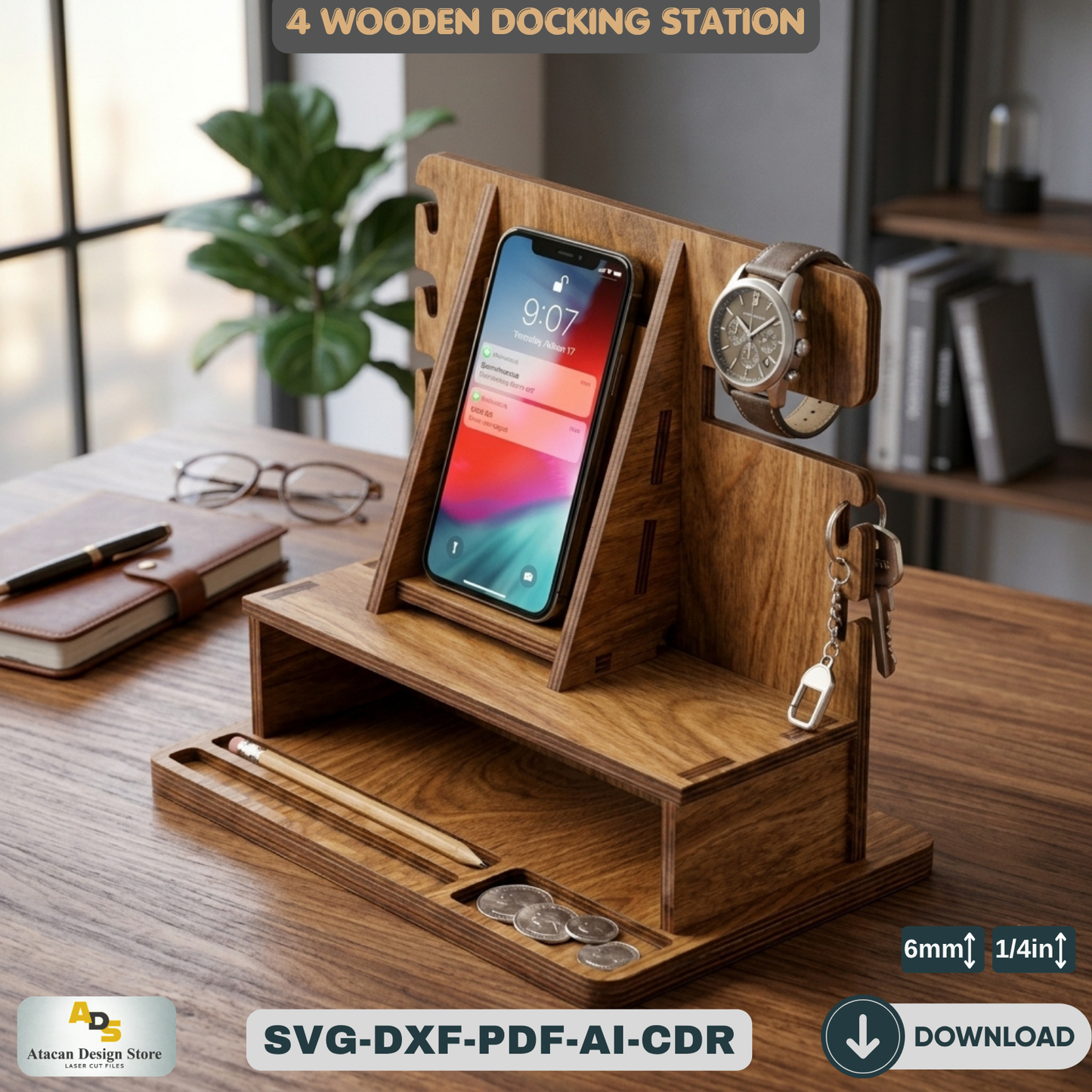 Wood Docking Station / Desk Organizer Phone Stand / Watch Holder / Father's Day Gift 947
