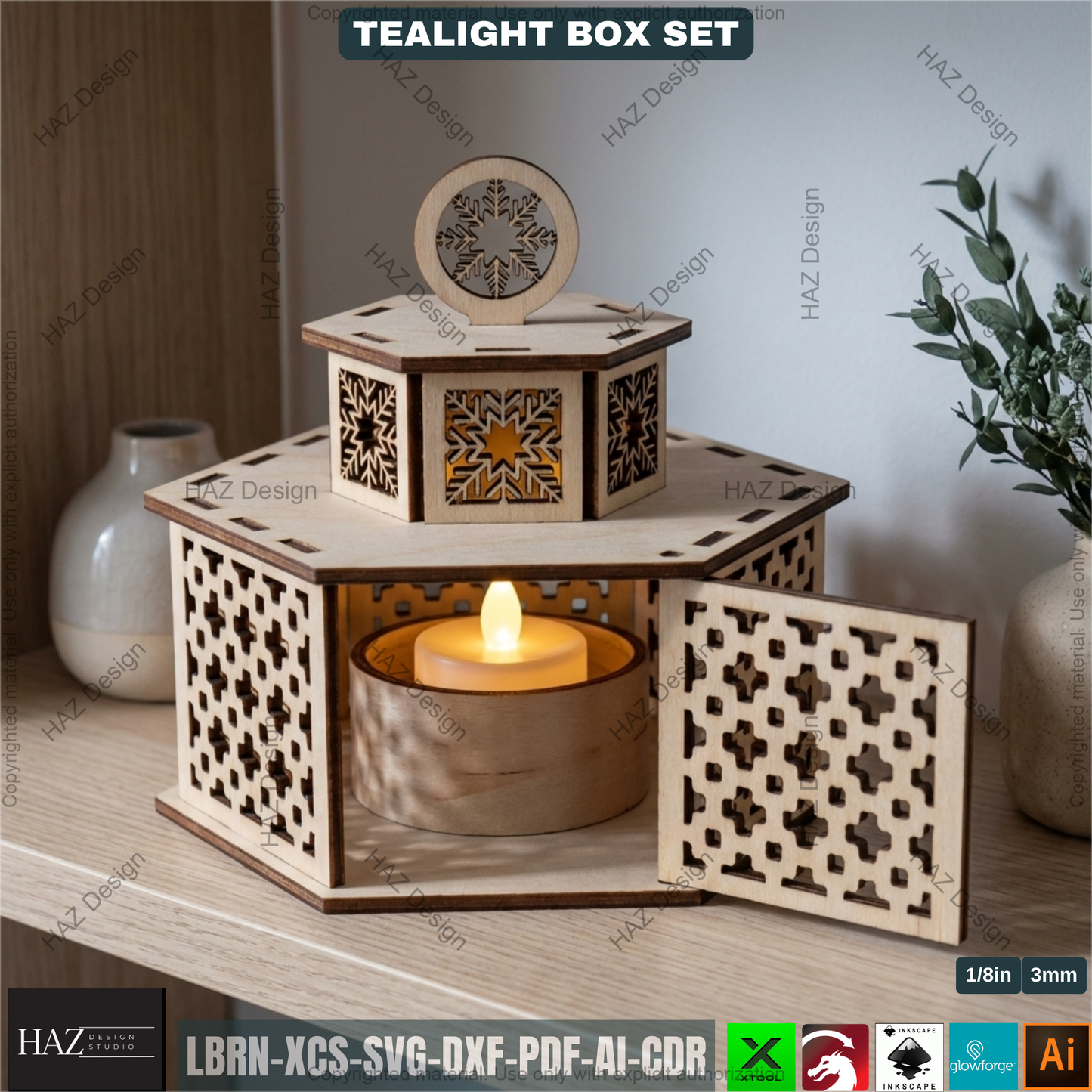 Festive Tealight Lanterns  – Christmas Candle Holder with Lid - Laser Cut Tabletop Decor - Tealight Box Lights 504