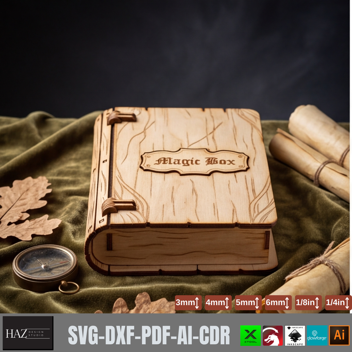 Magic Book Box Laser Cut File | Gothic Wooden Box SVG DXF Glowforge xTool