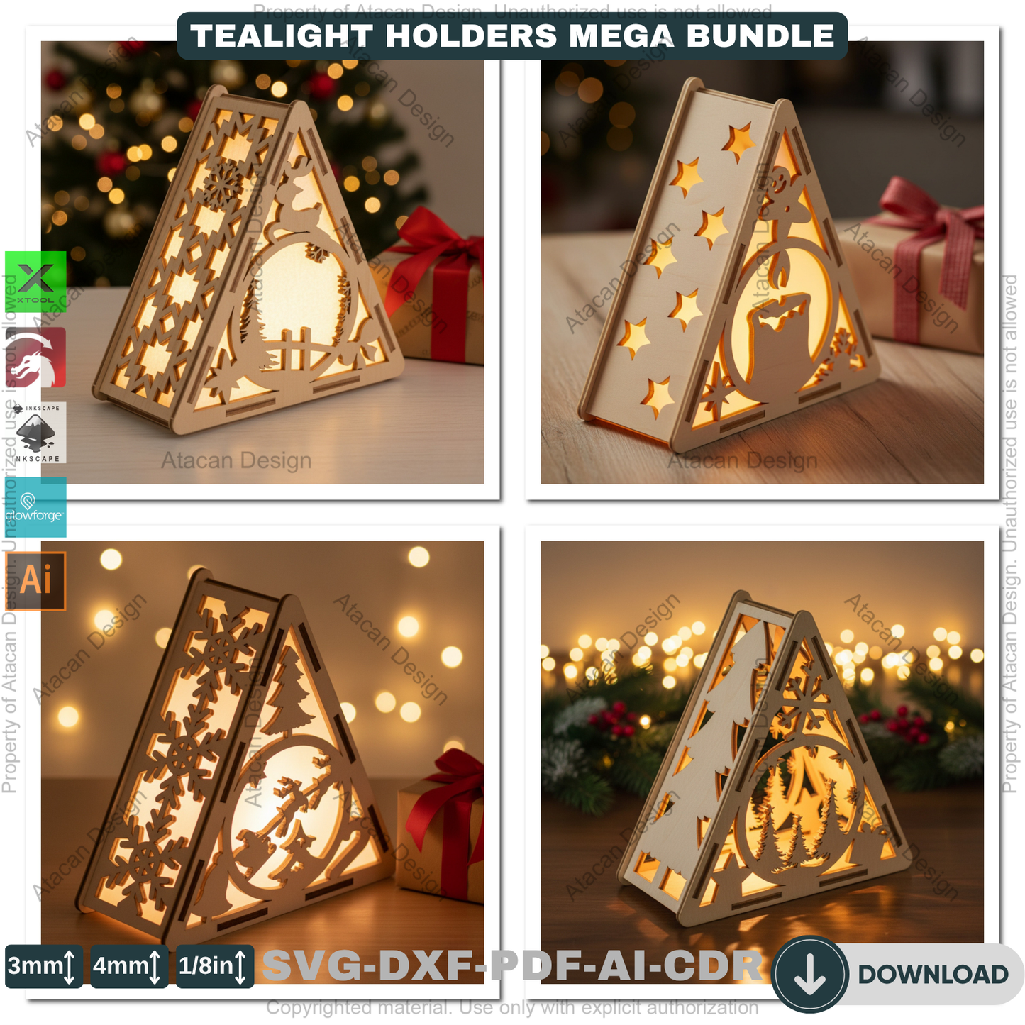 Christmas Pyramid Candle Holder Bundle Laser Cut Template Tealight Lantern Designs Winter Wood Decor Night Lights 919