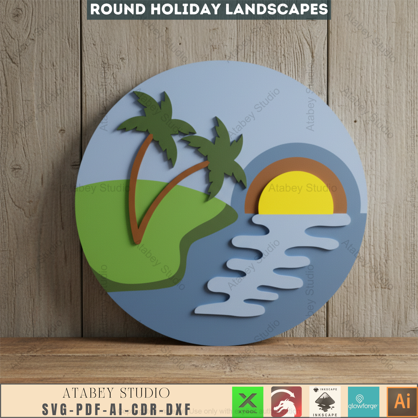 Tropical Paradise Laser Cut SVG | Round Beach Mountain Landscape Digital Files for Wall Decor | Instant Download 952